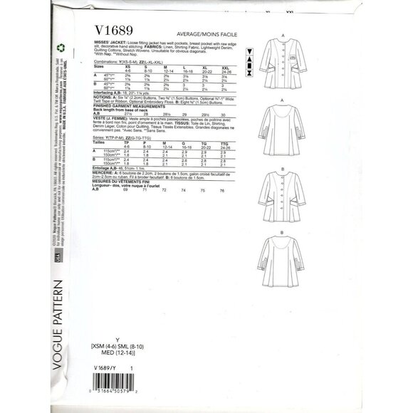 Vogue V1689 Misses XS to M Marcy Tilton Jacket Uncut Sewing Pattern New - Picture 2 of 2